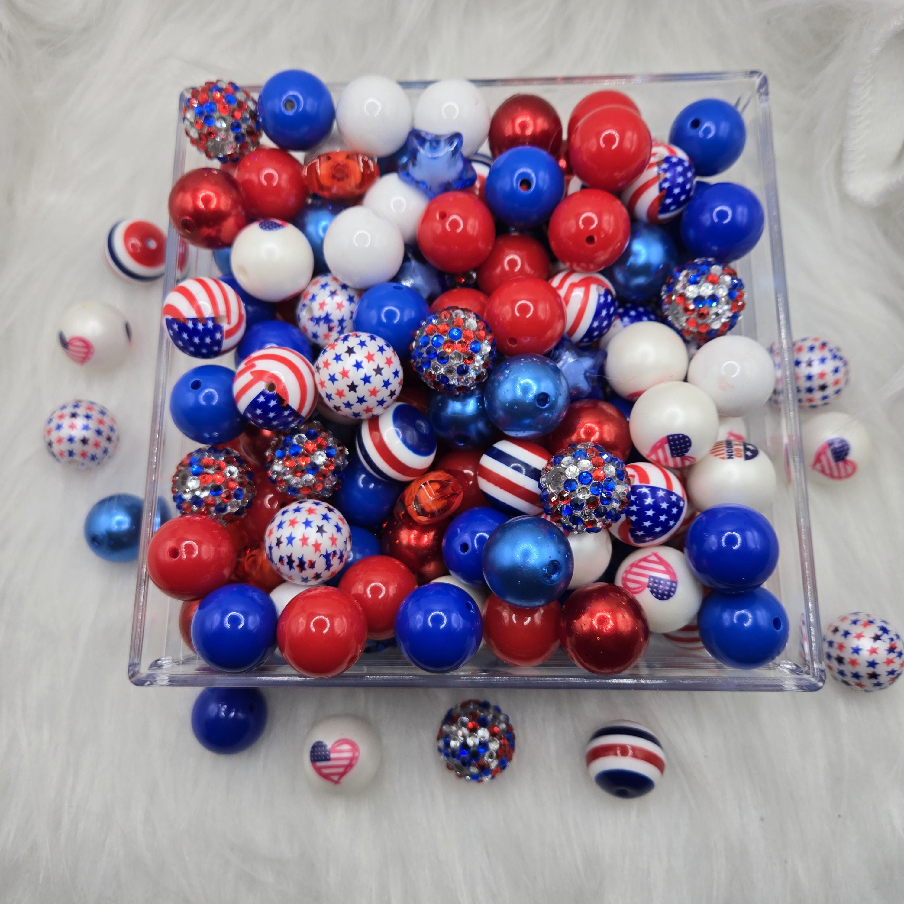 20mm Acrylic July 4th Beads, Rhinestone Beads, Bubble Gum Beads, Beads For Crafts, Red, White, and Blue Beads Mix, Beads For Pen Making