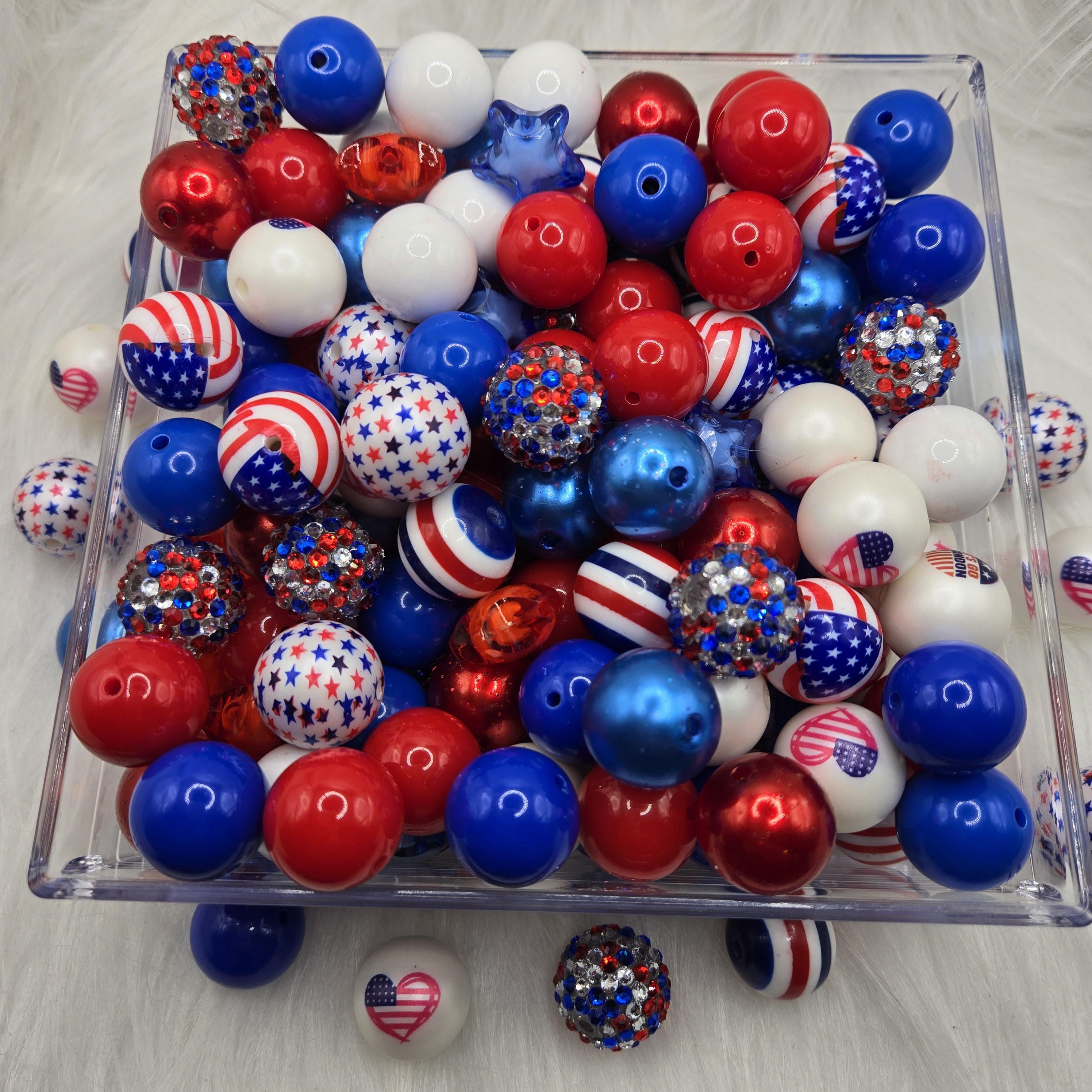 20mm Acrylic July 4th Beads, Rhinestone Beads, Bubble Gum Beads, Beads For Crafts, Red, White, and Blue Beads Mix, Beads For Pen Making